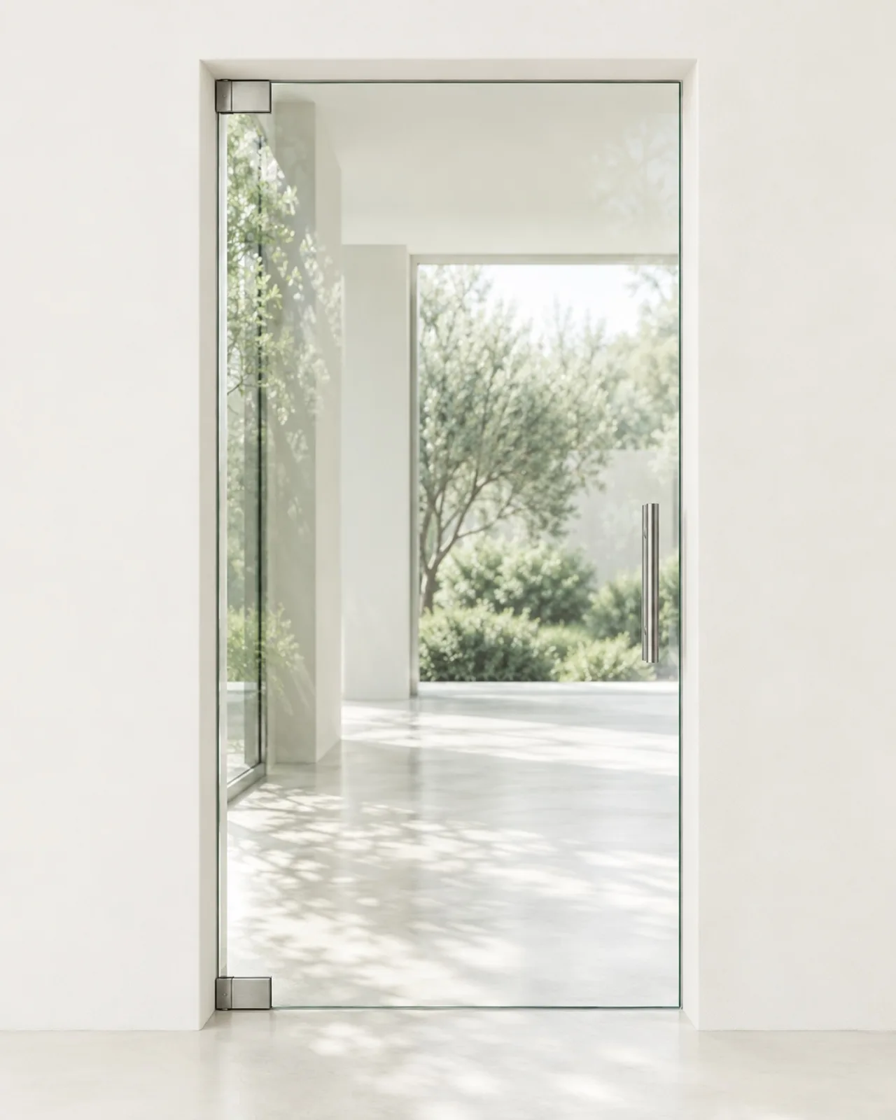 Frameless glass entrance with ivory walls and sage greenery