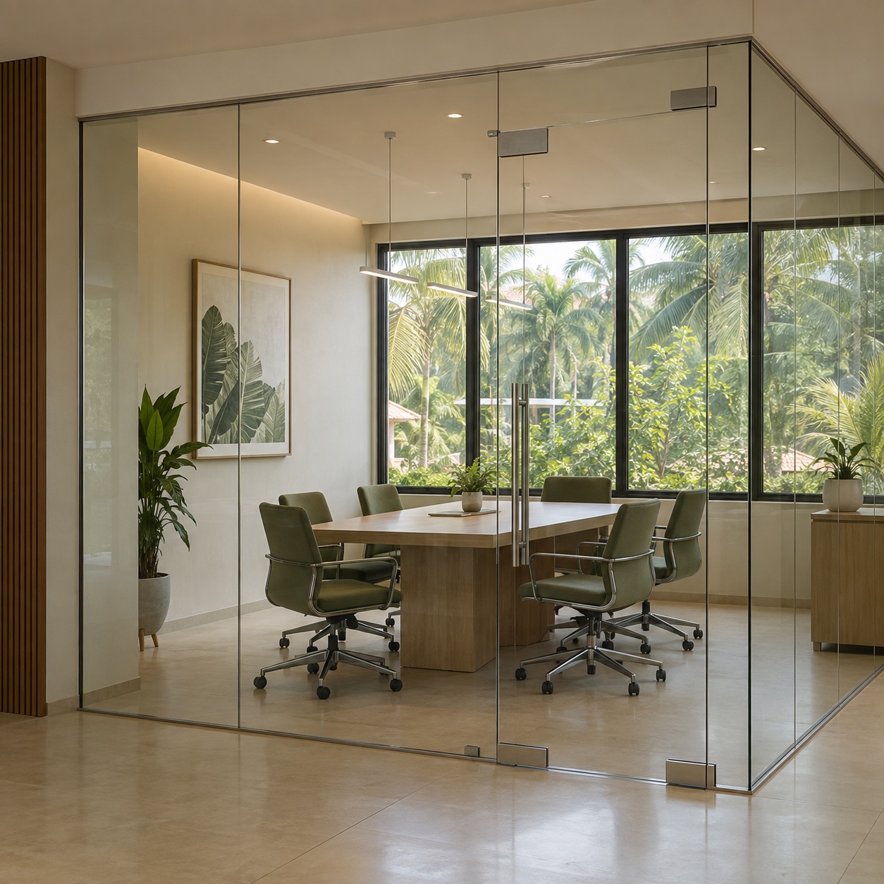 A clear glass office partition with a timber meeting table and sage chairs