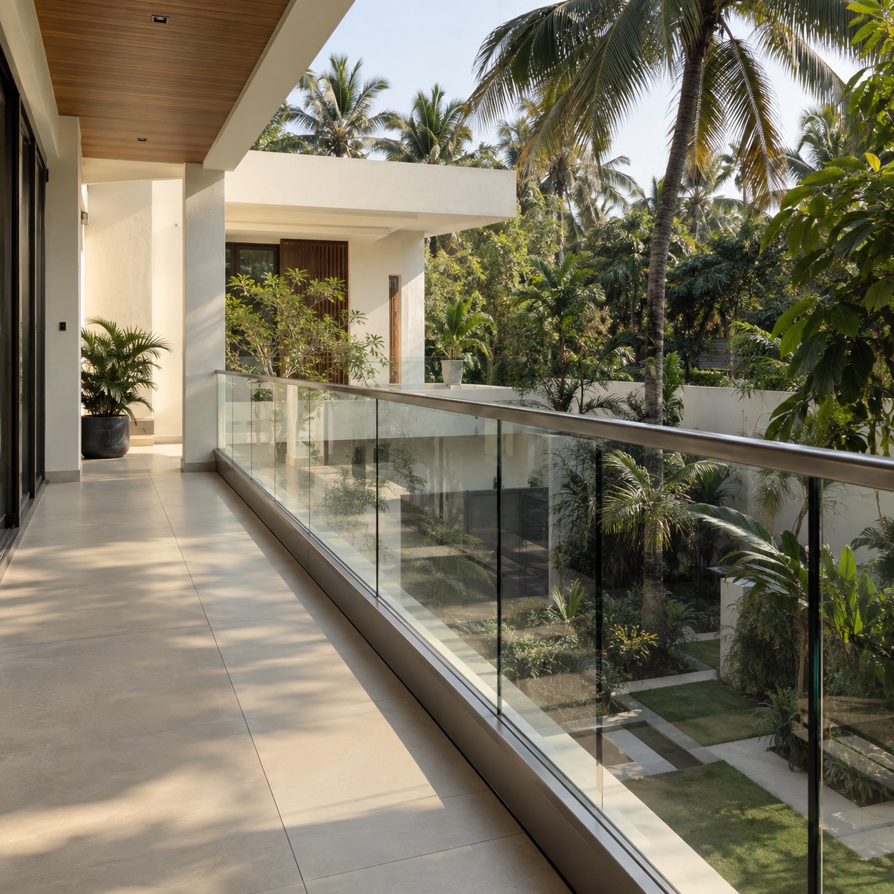 A glass balcony railing overlooking tropical greenery in Kerala