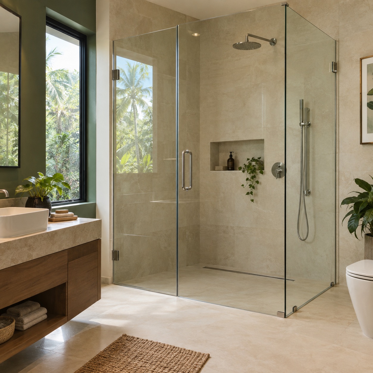 A frameless shower enclosure with ivory stone and sage tiles