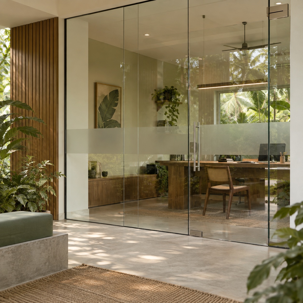 Glass office partition and door with a frosted privacy band
