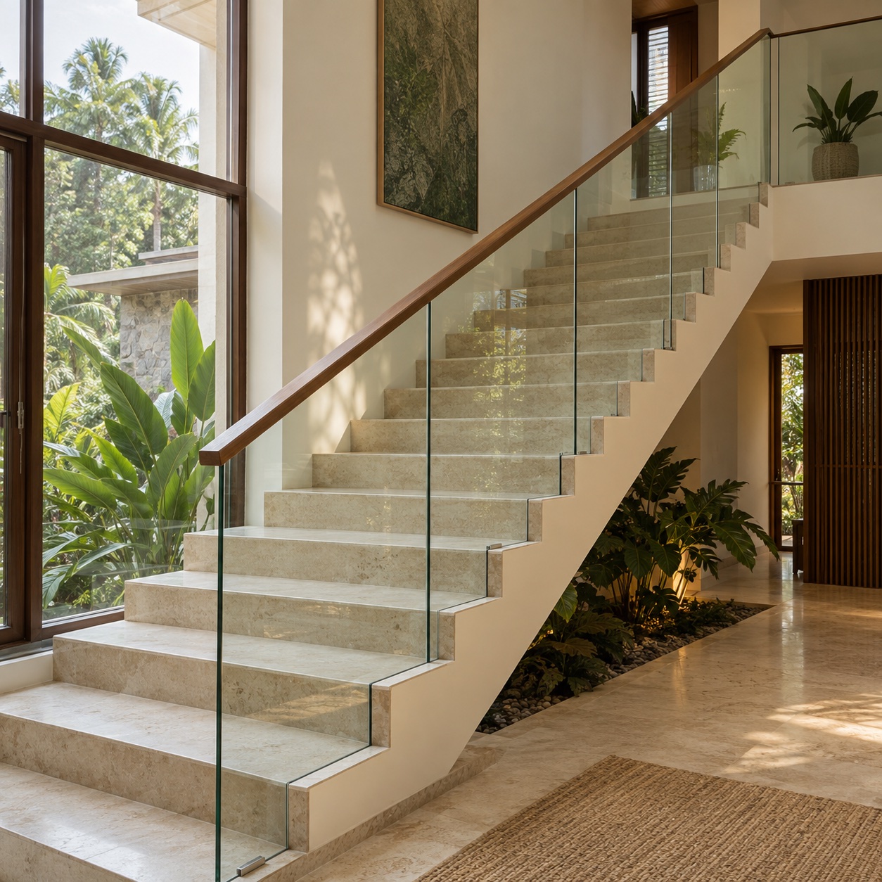 Glass balustrade following an interior staircase
