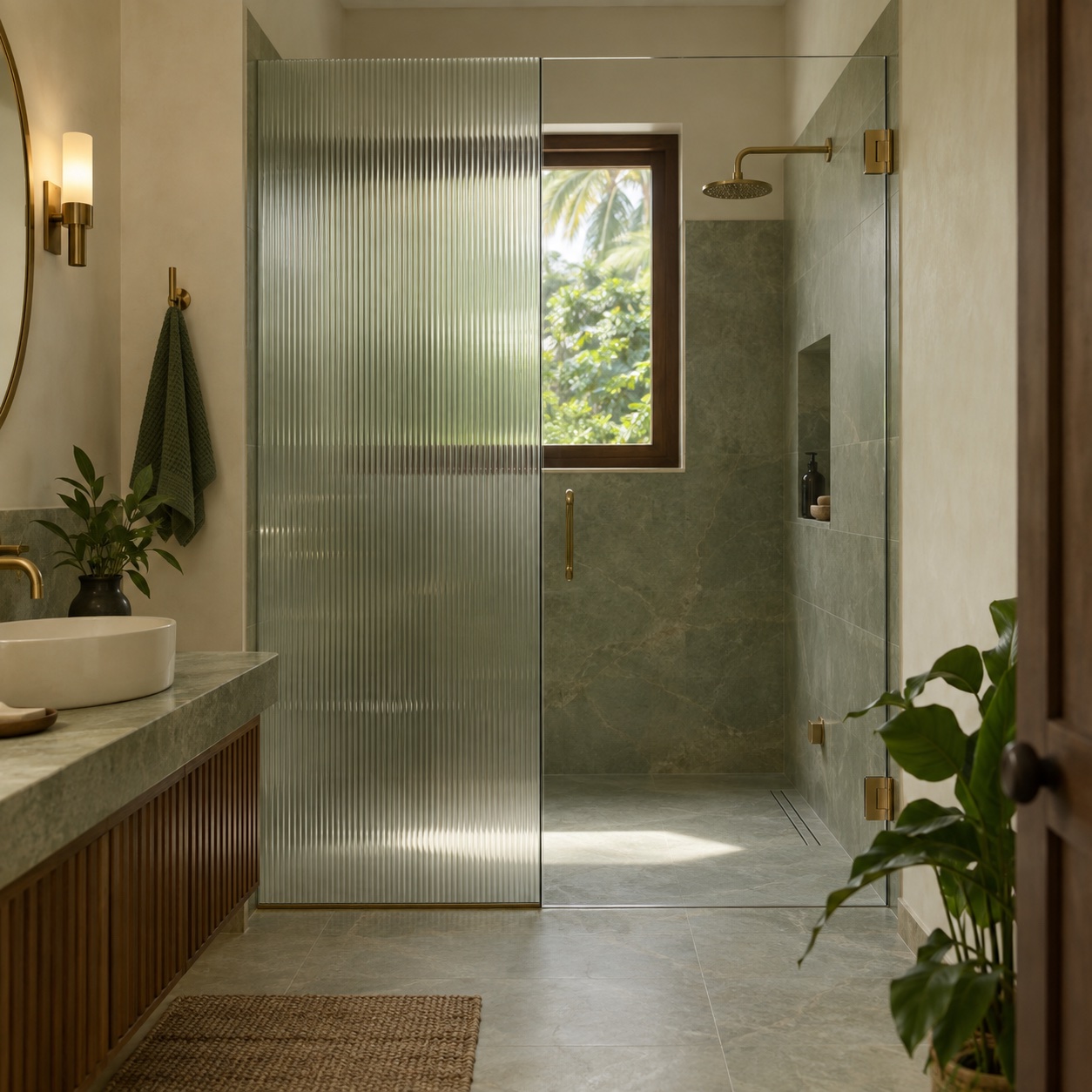 Fluted glass shower partition with a textured translucent finish