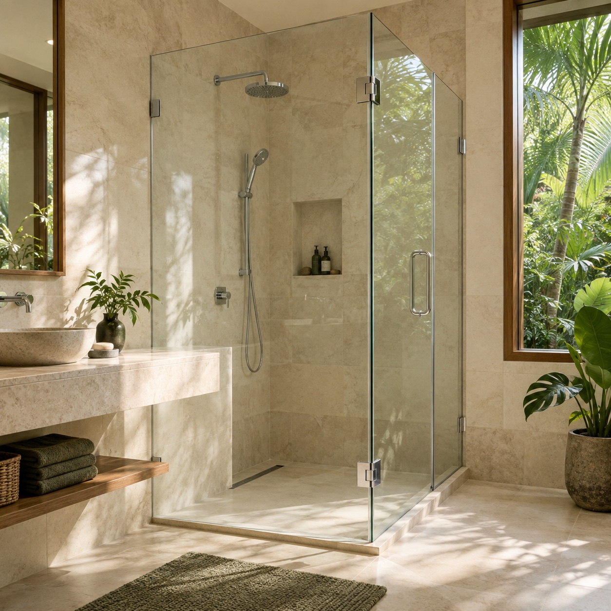 Corner glass shower enclosure with stone-finished bathroom walls
