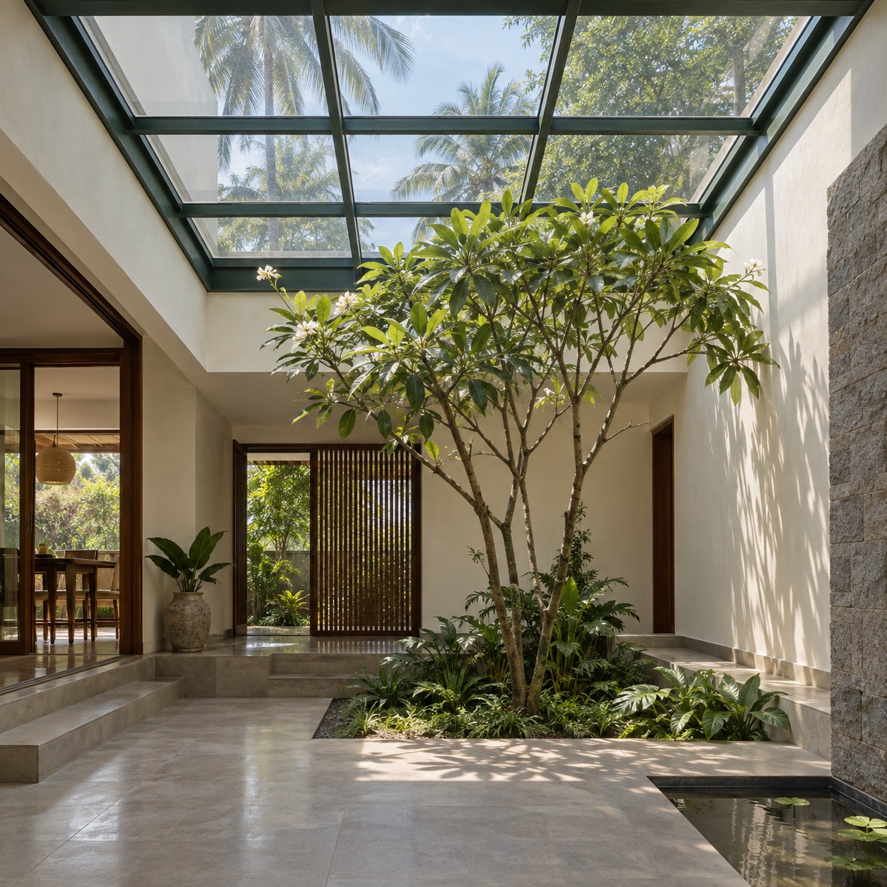 Glass skylight above a planted residential courtyard
