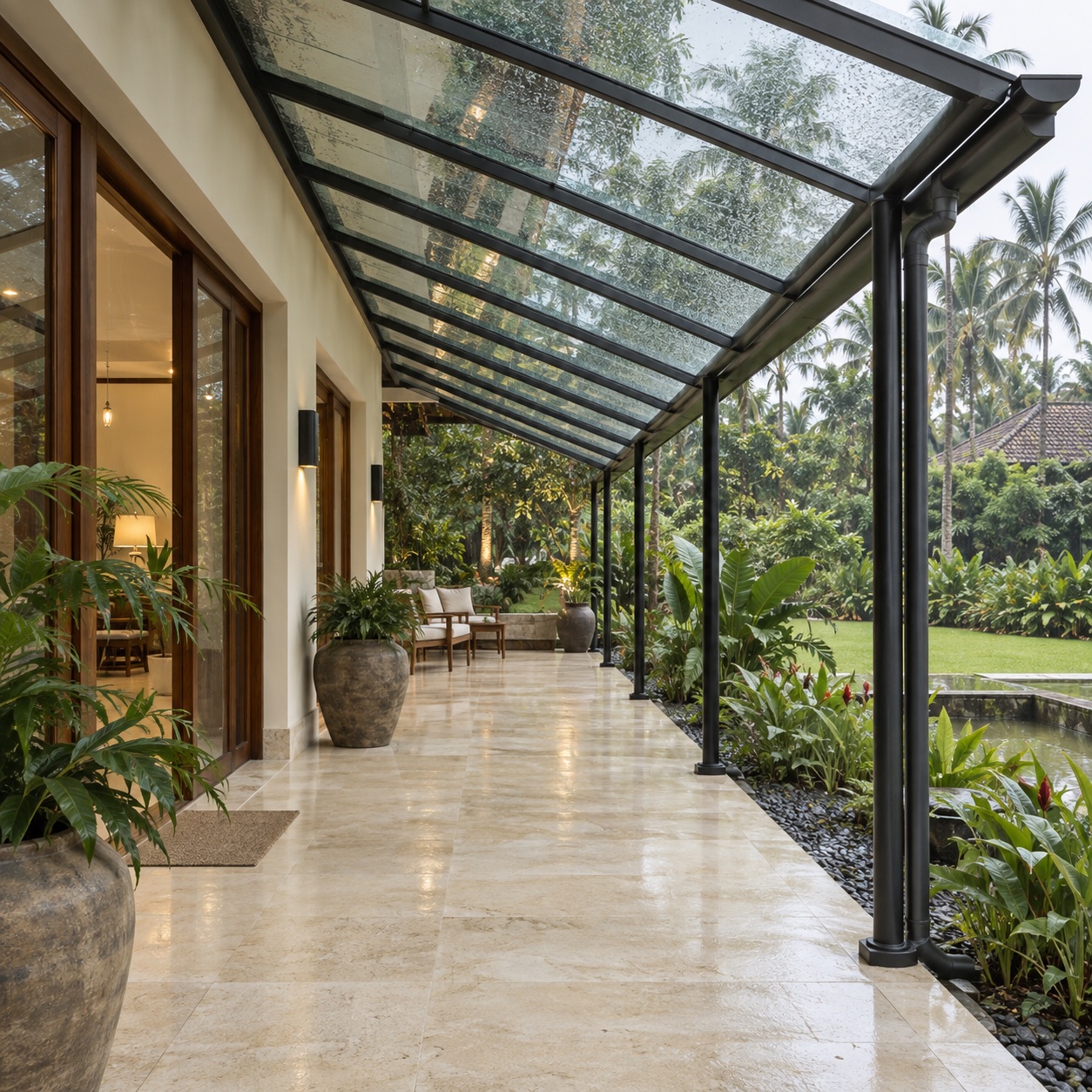 Glass canopy above a veranda with tropical greenery